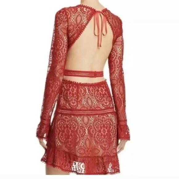 For Love And Lemons Emerie Cut Out Dress Mini Lace Long Sleeve Merlot Red Medium - Picture 5 of 12